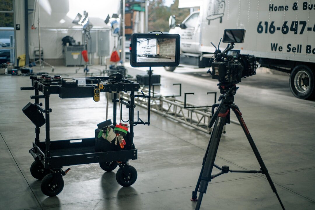 Professional TV studio with camera and broadcasting equipment